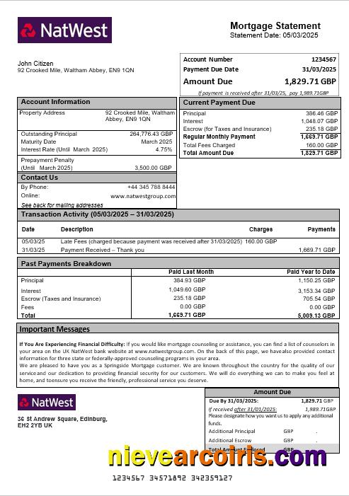 United Kingdom NatWest bank mortgage statement